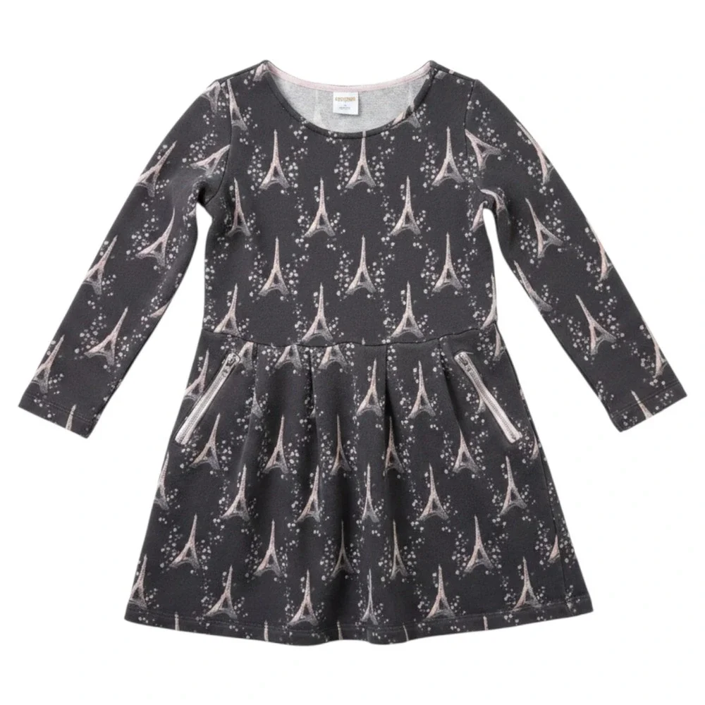 Gymboree Starry Night Dress Girls 7 Gray Pink Eiffel Tower Long Sleeve Terry
